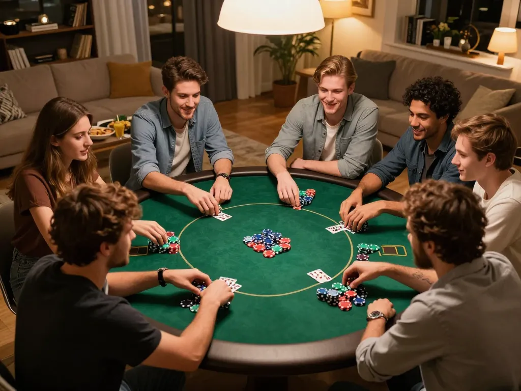 Players engaging in a thrilling poker game night at home, showcasing kkwin excitement, camaraderie, and strategic moves.