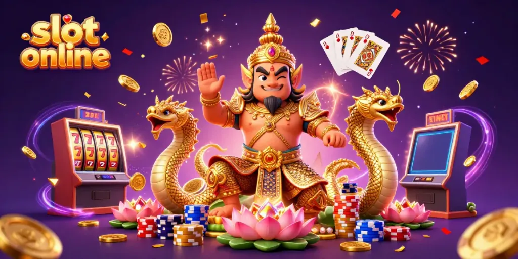 Permainan slot online dengan penjaga kuil dalam armor emas dan naga, dikelilingi koin emas dan kartu permainan.