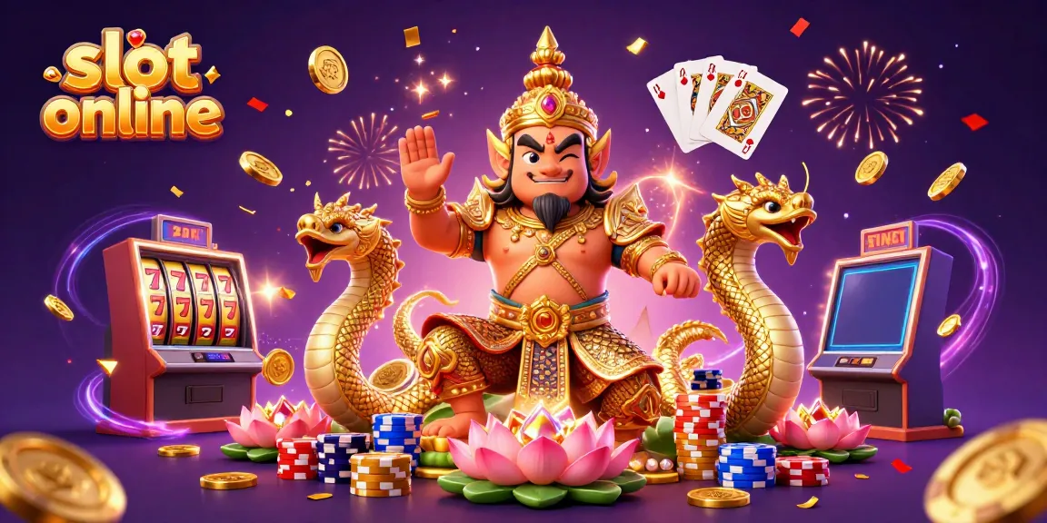 Permainan slot online dengan penjaga kuil dalam armor emas dan naga, dikelilingi koin emas dan kartu permainan.