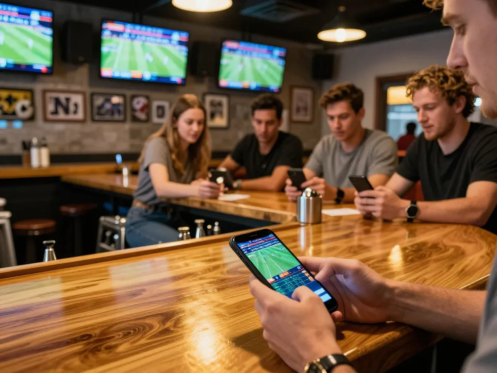 Placing a bet on tỷ lệ nhà cái during a live sports event at an energetic bar.