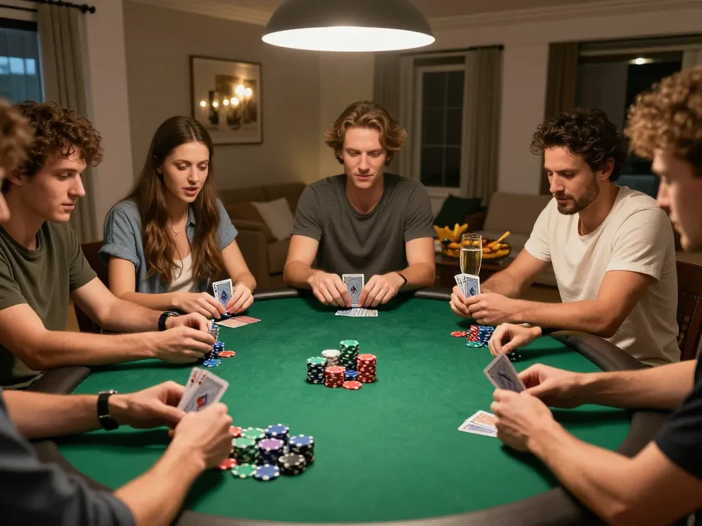 Players engaging in các hình thực cược trong Poker with vibrant chips in a lively home setting
