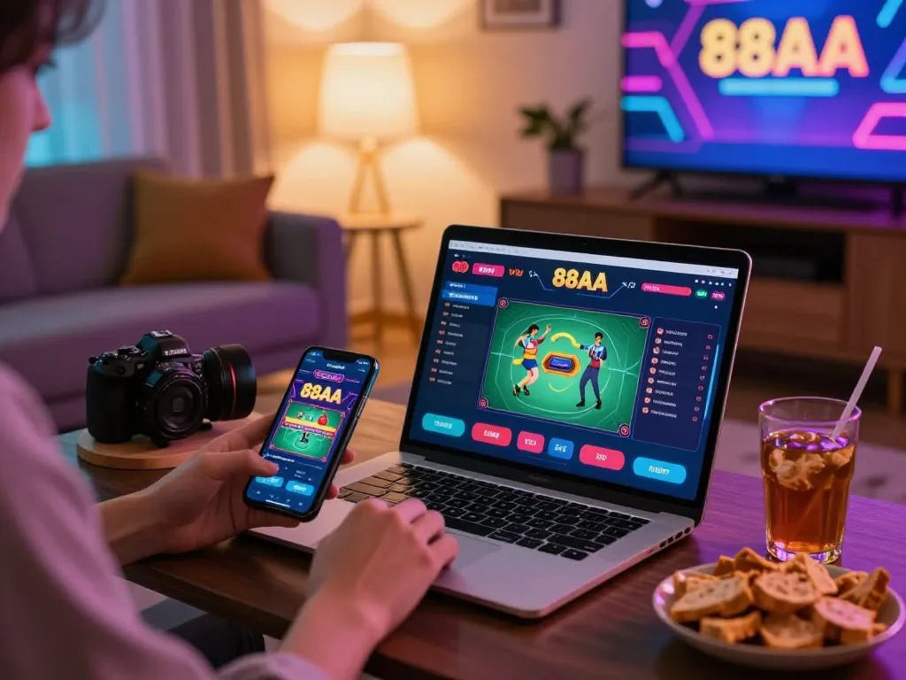 Engaging scene of a player on trang chủ 88aa enjoying online gambling with snacks and drinks.