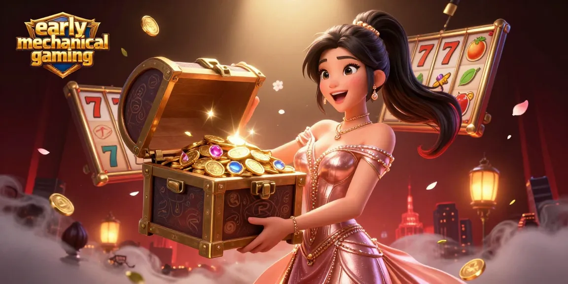 Experience early mechanical gaming with an illustrated scene of treasure and slot symbols.