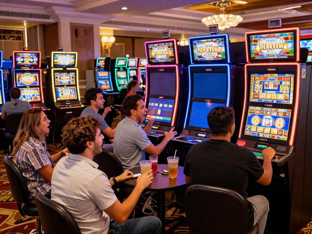Players engaging with slot machines in a lively casino environment filled with bright lights and excitement.