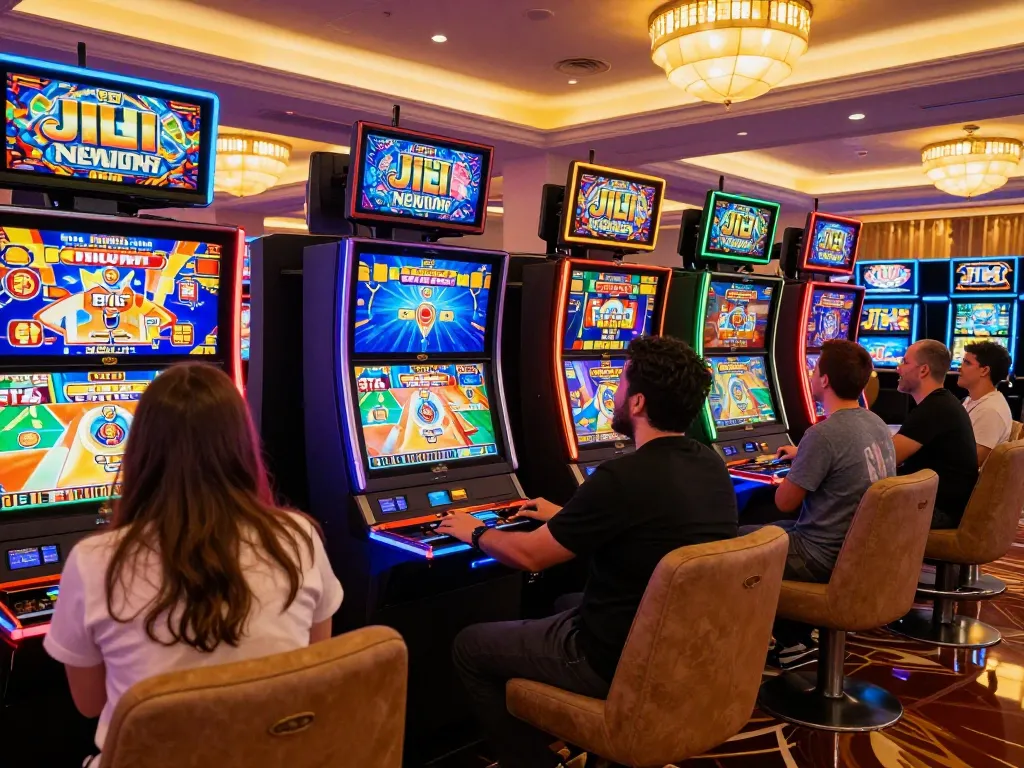 Engaged players enjoying Jili games slots in a lively casino with vibrant graphics and ambient lighting.
