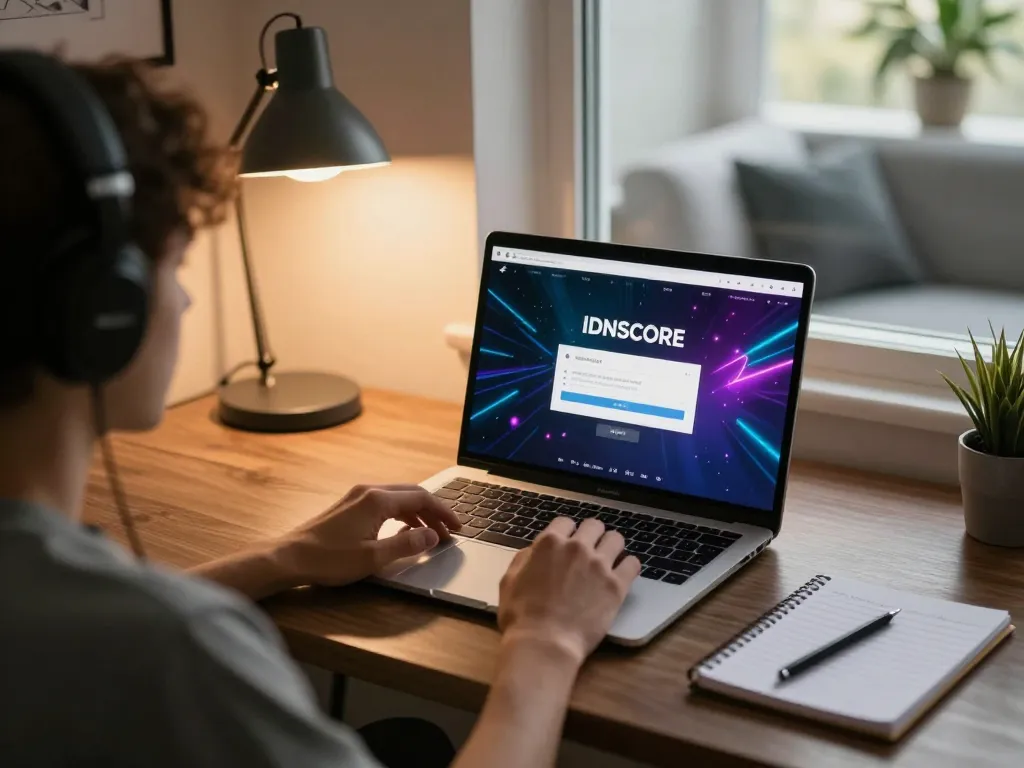 Login idnscore page displayed on laptop, inviting atmosphere in a cozy home office setup.