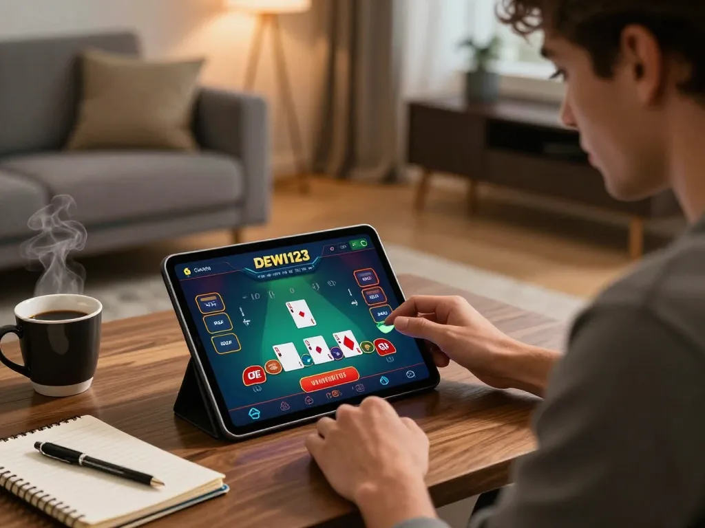 Pemain menikmati permainan blackjack yang intens di aplikasi DEWI123 di rumah, menunjukkan fokus dan strategi.