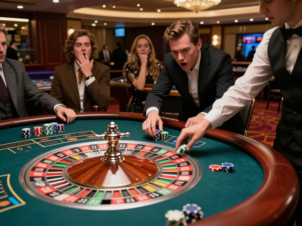 G28tv player anxiously watches the roulette wheel spin at a vibrant casino table.