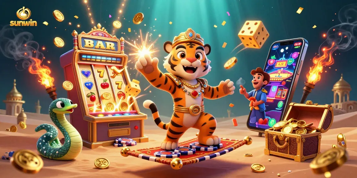Experience sunwin's vibrant casino magic with a sultan and genie in a dynamic jackpot scene.
