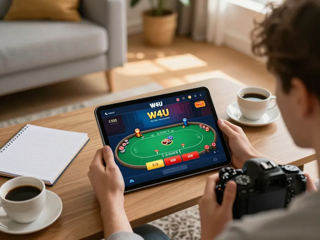 Player engaging in poker on the W4U app with notes beside, promoting responsible online gambling practices