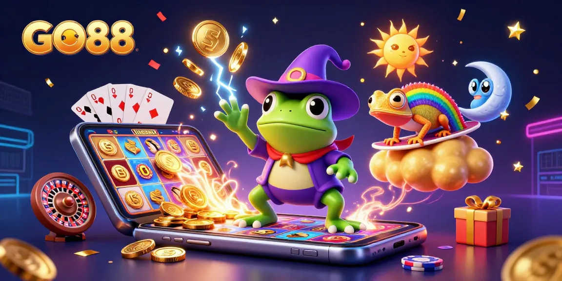 Engage with the magical world of GO88 as the wizard frog conjures a shower of winning coins.