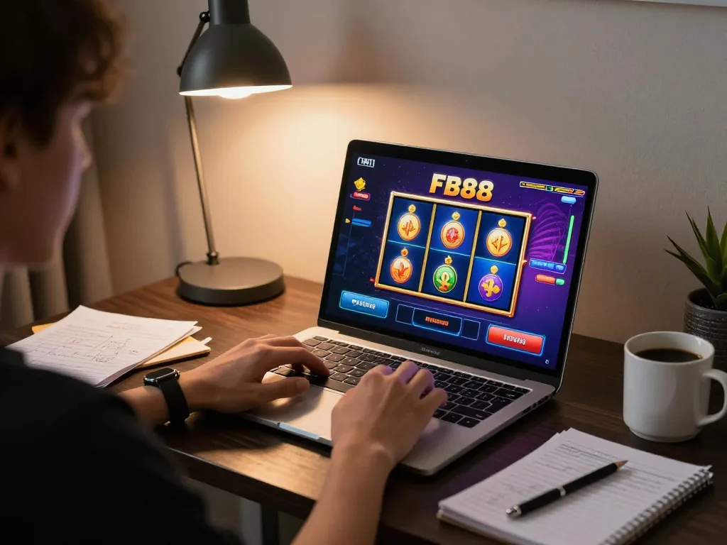Engaged player enjoying FB88 online gaming experience on laptop at home