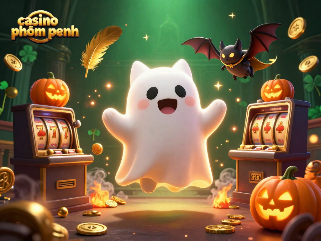 Engaging 3D illustration of casino phnom penh featuring a playful ghost cat and vibrant gambling elements.