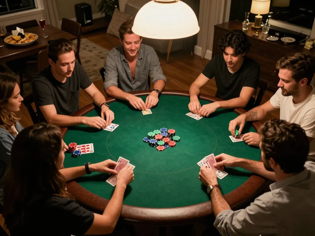 Players engaging in a poker game at home, sharing strategies with TG88, highlighting fun and social gaming.