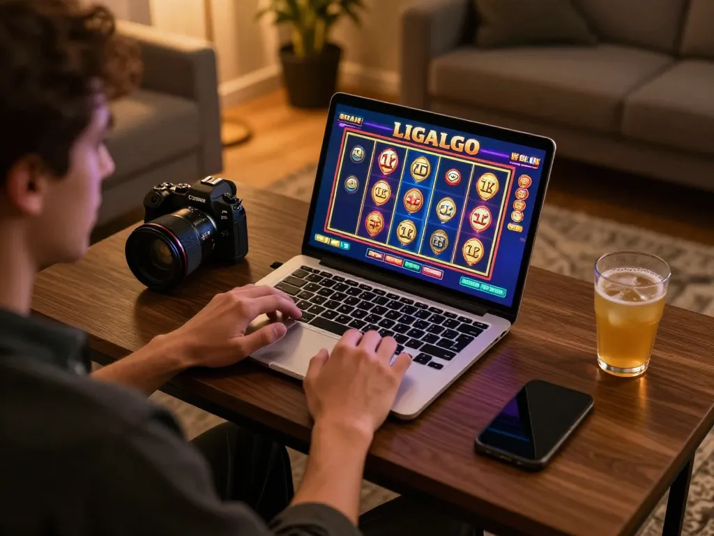 LIGALGO gameplay on a laptop during a relaxed online casino session, showcasing engaging slot graphics.