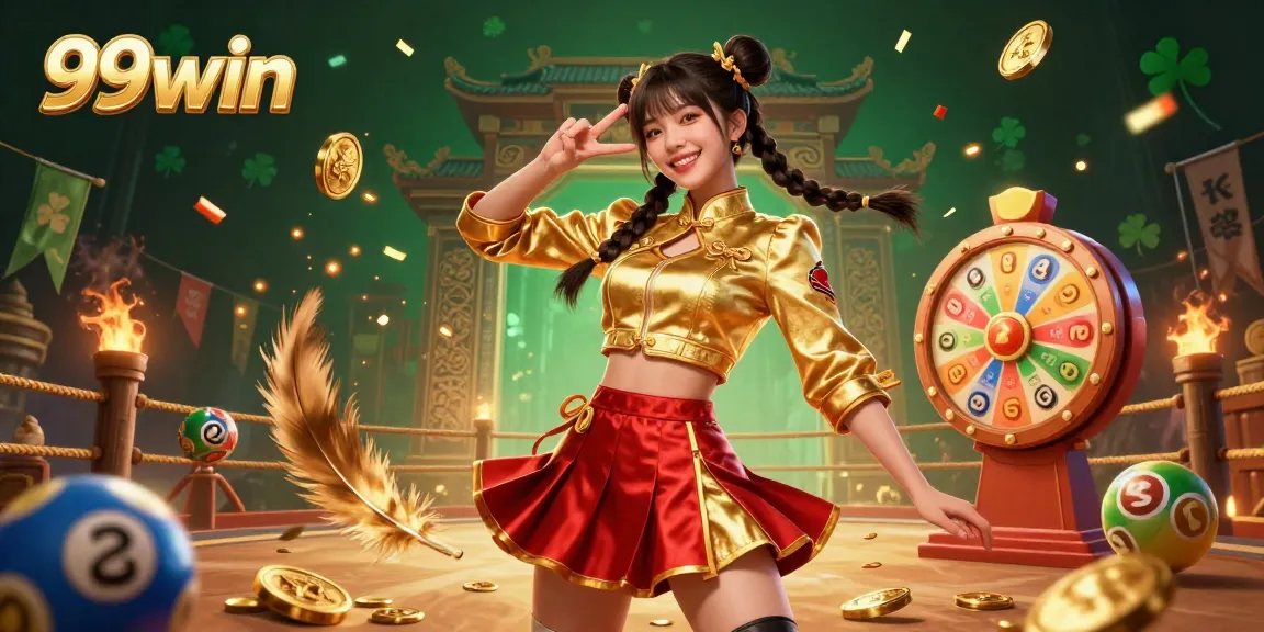 Experience excitement at 99win with a vibrant gambling scene featuring an Asian woman and dynamic casino elements.