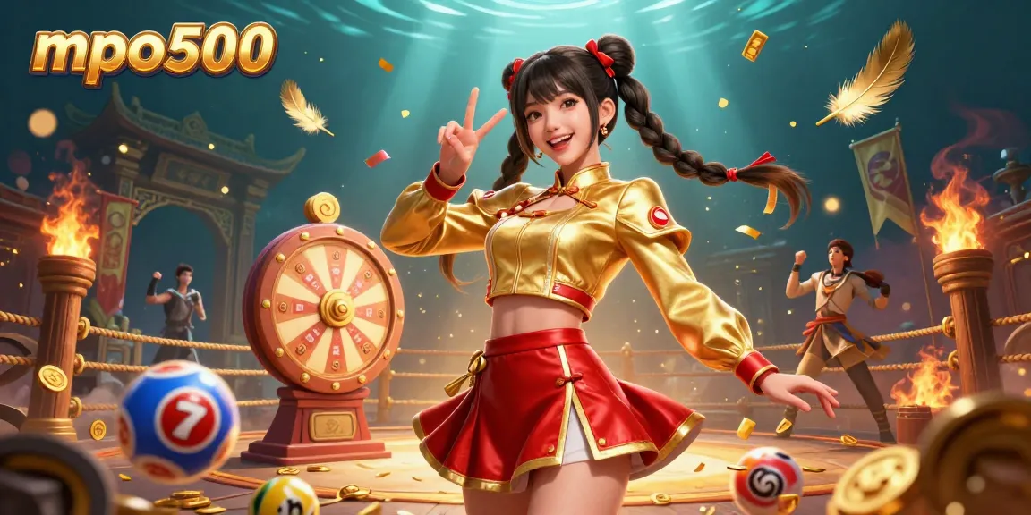Experience vibrant excitement at mpo500 with a stunning illustration featuring a joyful Asian woman and colorful gambling elements.