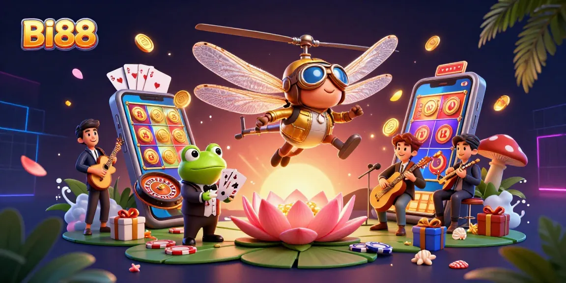 Experience BI88's vibrant casino world with a cartoon dragonfly pilot, frog dealer, and musical crickets.