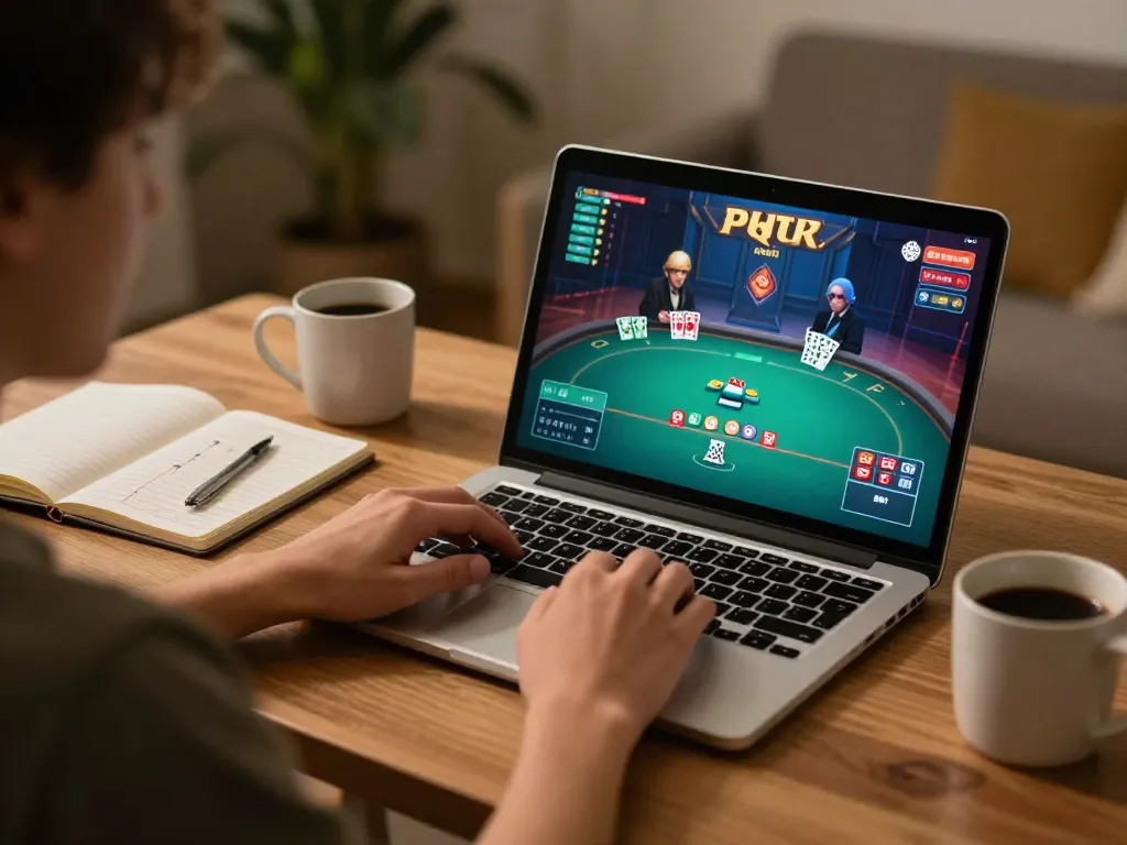 Mpoid gaming strategy in a cozy home setup with a player engaged in online poker.