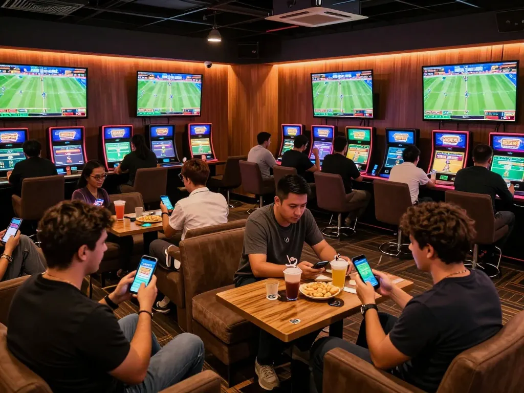 Engaged bettors celebrating upcoming matches on OKFUN sports betting platform.