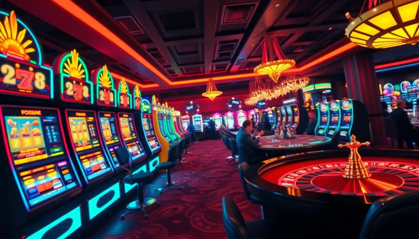 Erleben Sie spannende casino-spiele de in einem lebhaften Casino mit Spielautomaten und Roulettetisch.