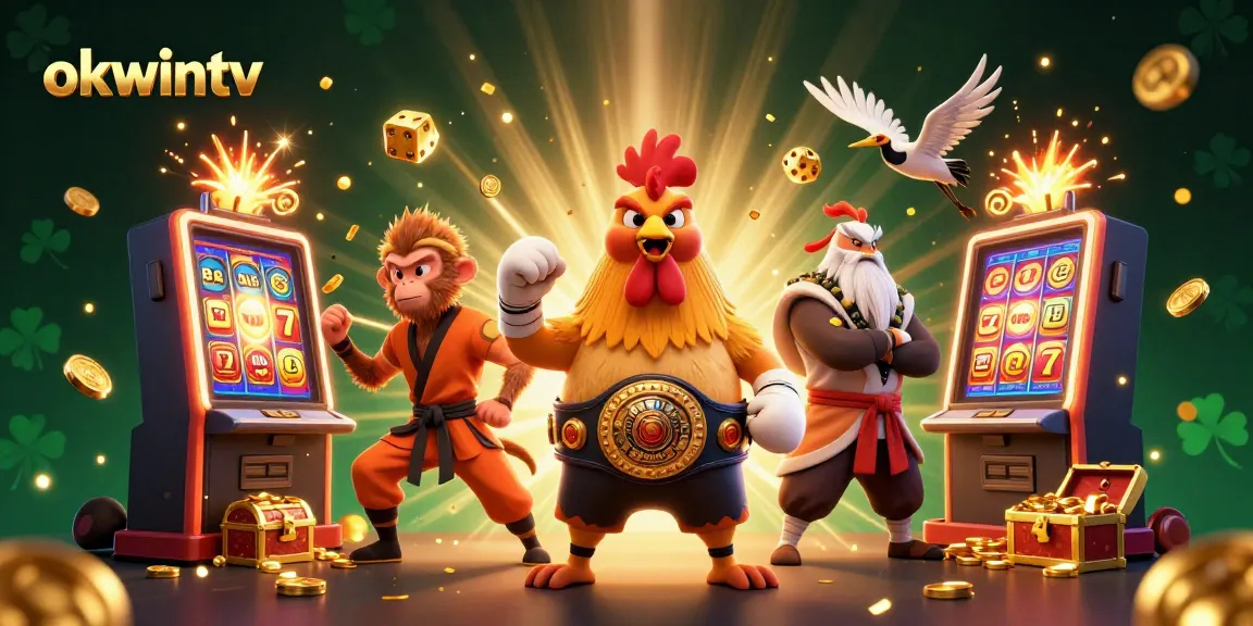 Experience thrilling action at okwintv with a vibrant 3D illustration featuring martial characters and dynamic casino elements.