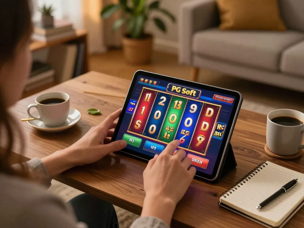 Bergabung dalam permainan PG Soft Demo Gratis secara online dengan gulungan cerah yang ditampilkan pada tablet di lingkungan yang nyaman