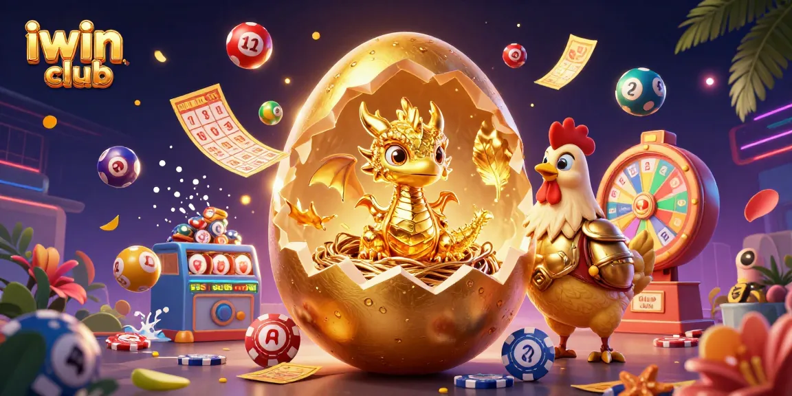Engage with iwin club's exciting gaming experience featuring vibrant illustrations of a golden dragon, chips, and lottery elements.