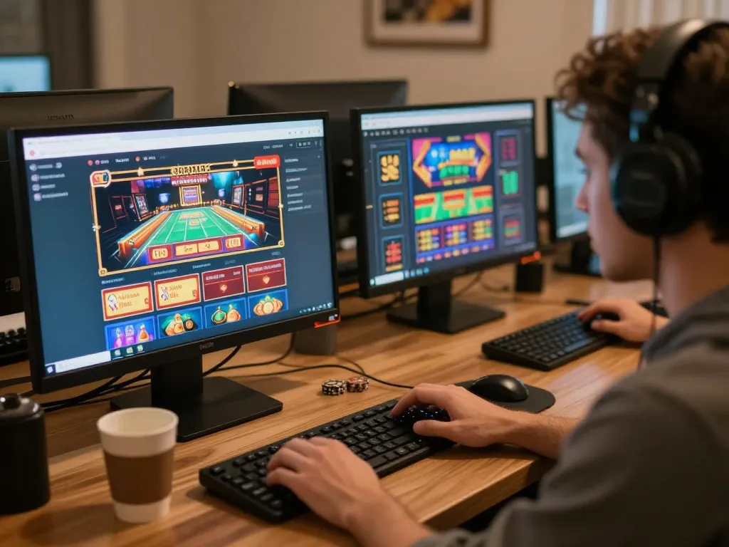 Person researching gambling strategies on a computer, representing 7-hd online gaming experience.