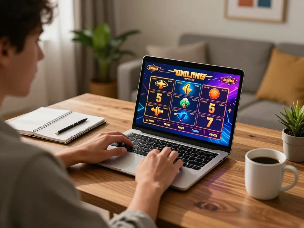 Player enjoying online slots at home using laptop on cozy setup, focusing on slot depo 5k gameplay.
