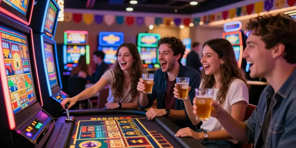 A lively gambling scene with friends celebrating a win at akunjp slot machines, capturing excitement and joy in a modern casino atmosphere.