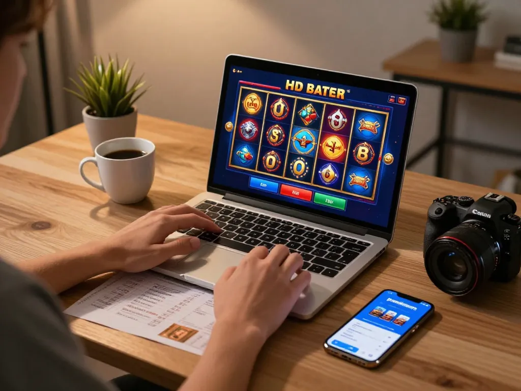 Aplikasi Pandawin ditampilkan saat seorang pemain menikmati permainan slot 3D HD yang menakjubkan di laptop.