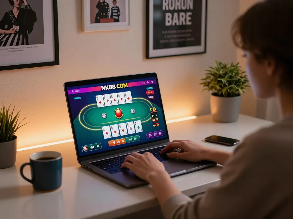 Engaging in online poker gameplay on NK88 COM with vibrant graphics and cozy atmosphere