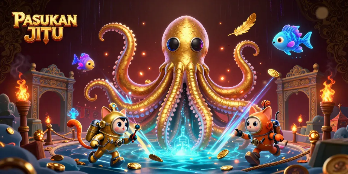 Engage with PASUKAN JITU as a colossal kraken and a diving cat explore a vibrant casino adventure.