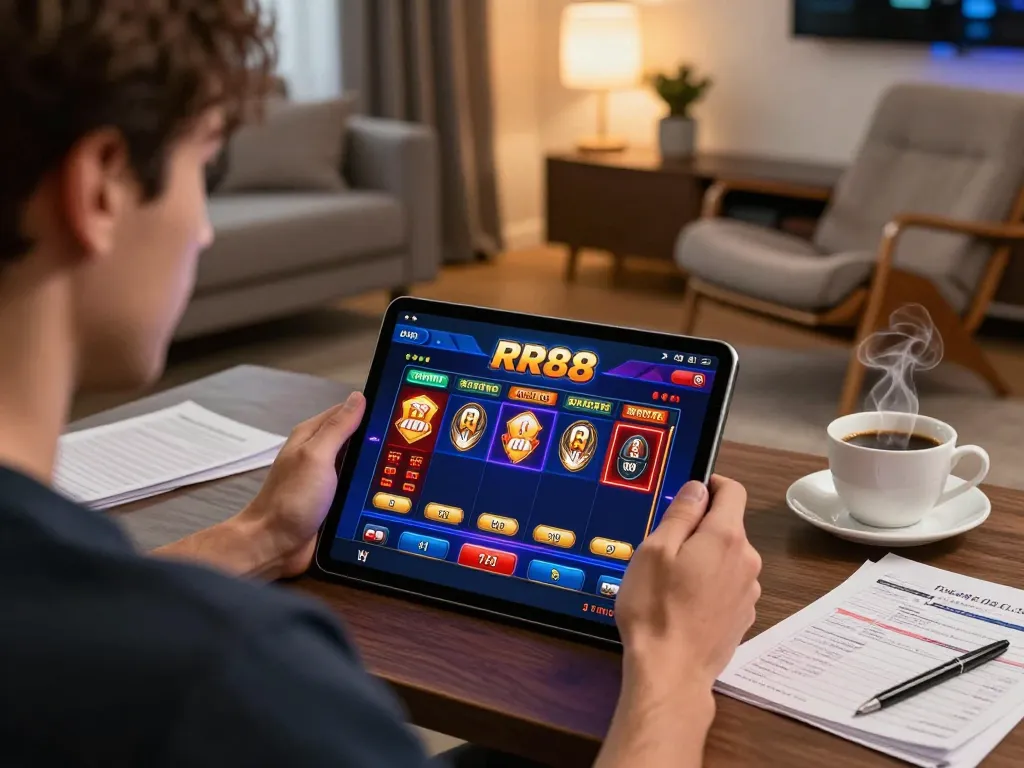 Player engaging with the RR88 mobile casino app at home, focused on strategic gameplay.