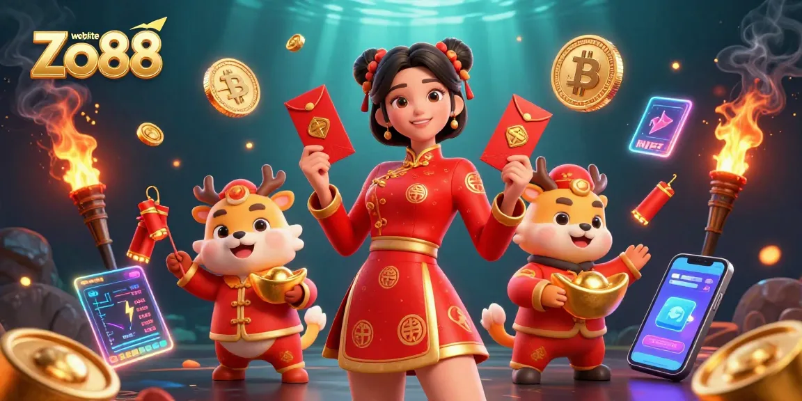 Engage with exciting gaming on the website Zo88, featuring vibrant casino-themed illustrations and crypto elements.