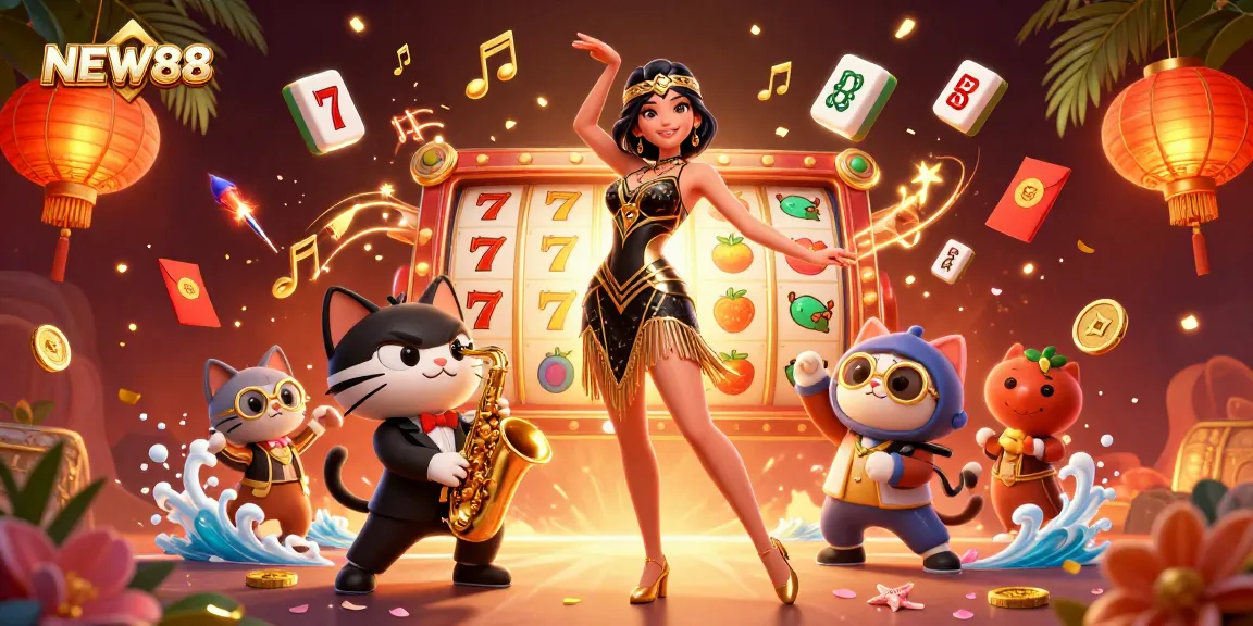 Experience the excitement of NEW88 with an intricate 3D casino scene showcasing vibrant gaming elements.