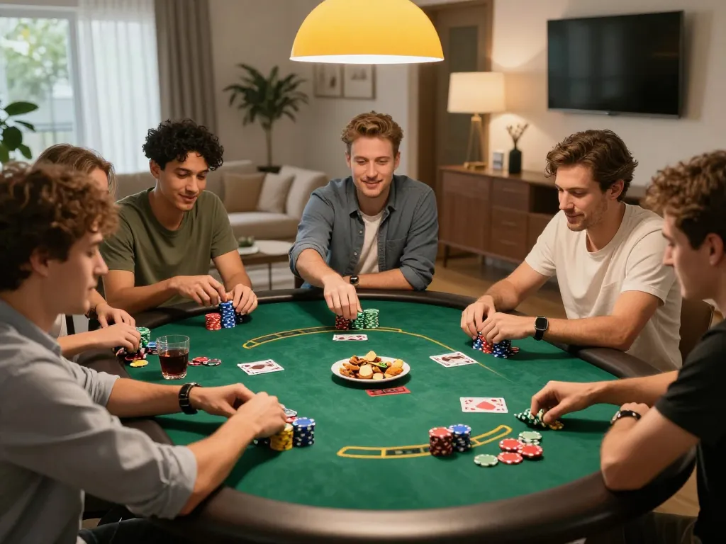 Kuwin players enjoying a friendly poker night with colorful chips and drinks
