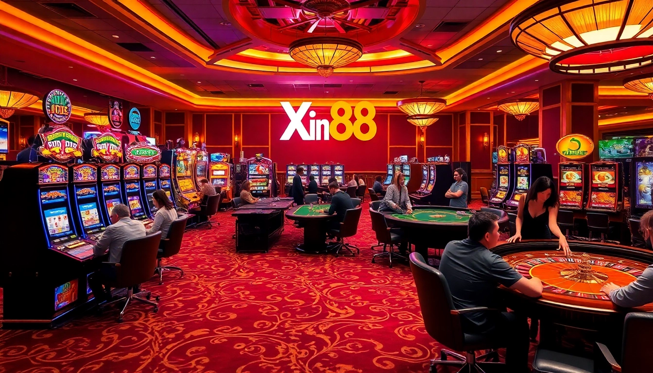 Players enjoying thrilling casino games at Xin88, featuring vibrant slot machines and elegant poker tables.