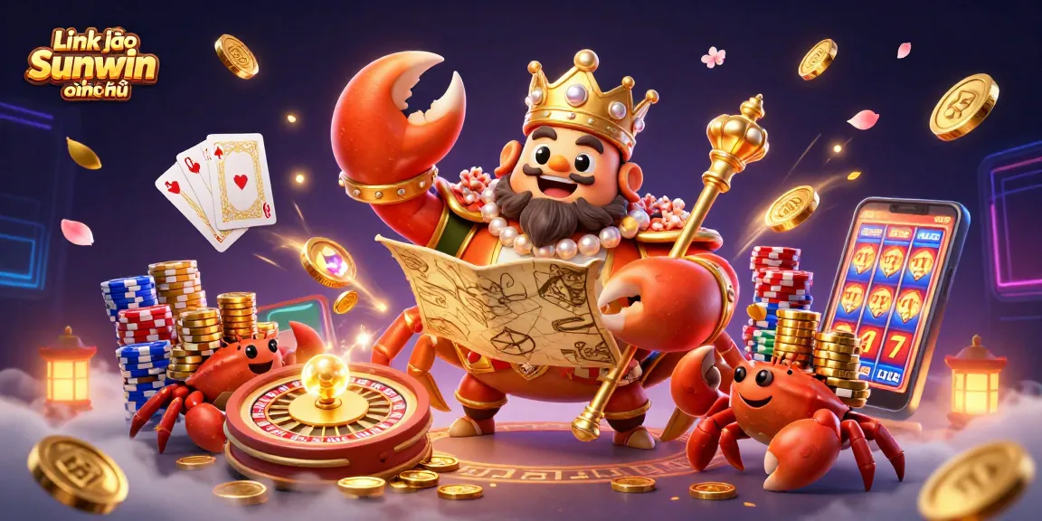Experience the vibrant world of Link vào Sunwin chính thức with a golden crab emperor and treasures.