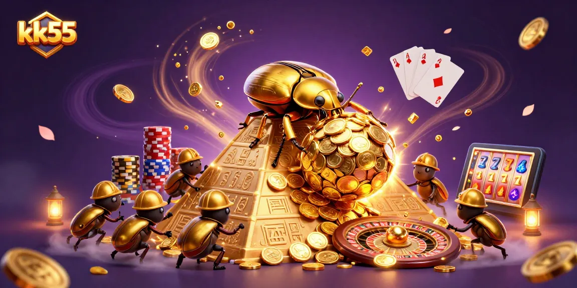 Conquer the gaming pyramid with kk55 as golden coins cascade around a festive casino scene.