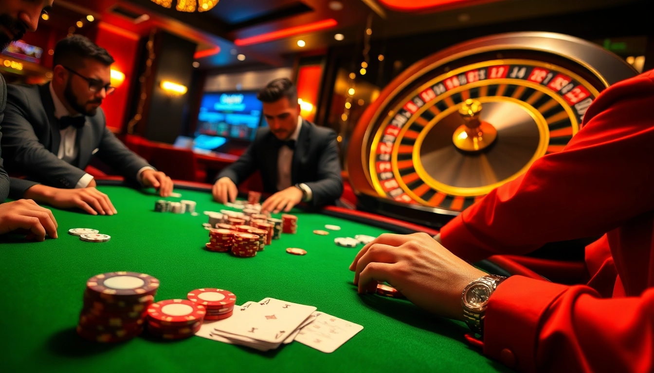 Exciting poker action at 13win con casino with vibrant chips and a spinning roulette wheel.