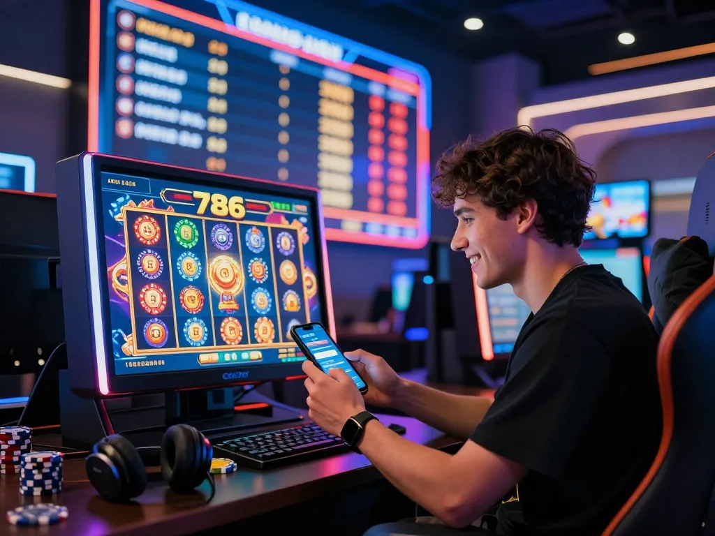 Pemain berinteraksi dengan permainan slot786 di mesin slot interaktif, dikelilingi oleh visual yang cerah di kasino online modern.