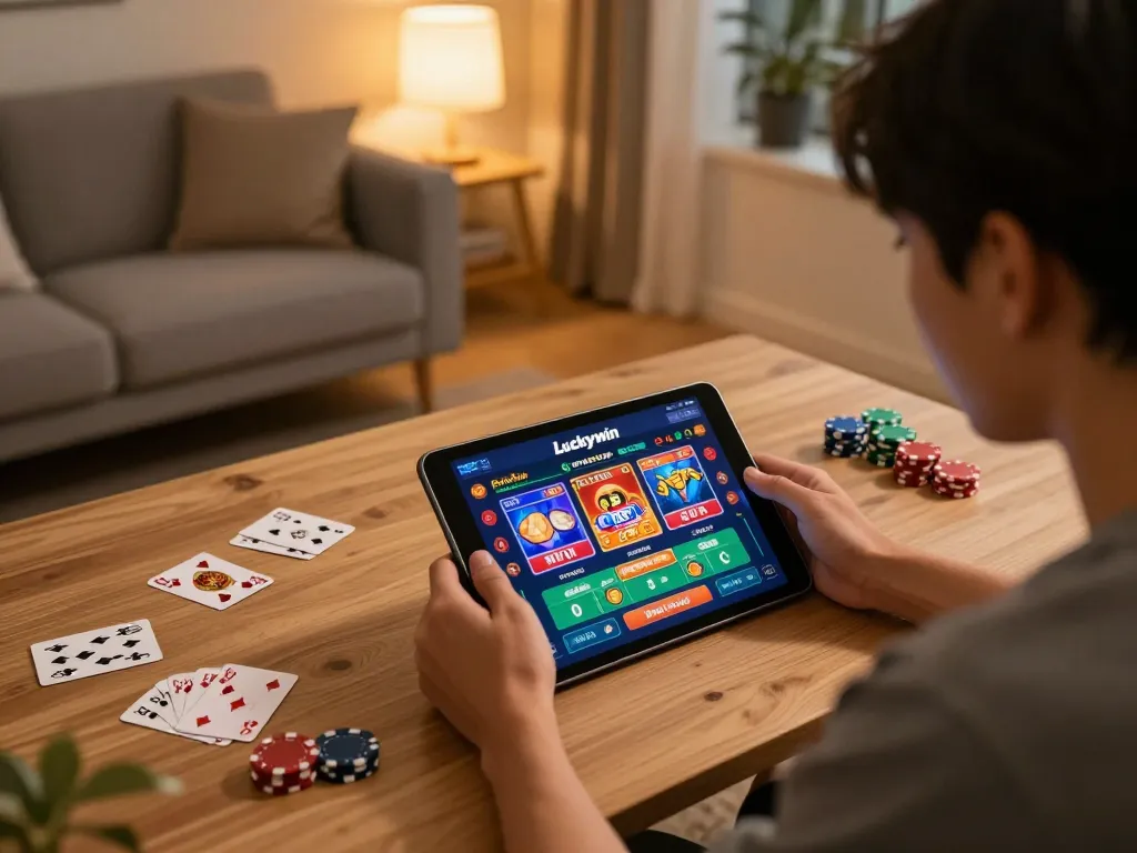 Engaging with Luckywin platform for online gaming, featuring cozy home setup and vibrant gameplay.