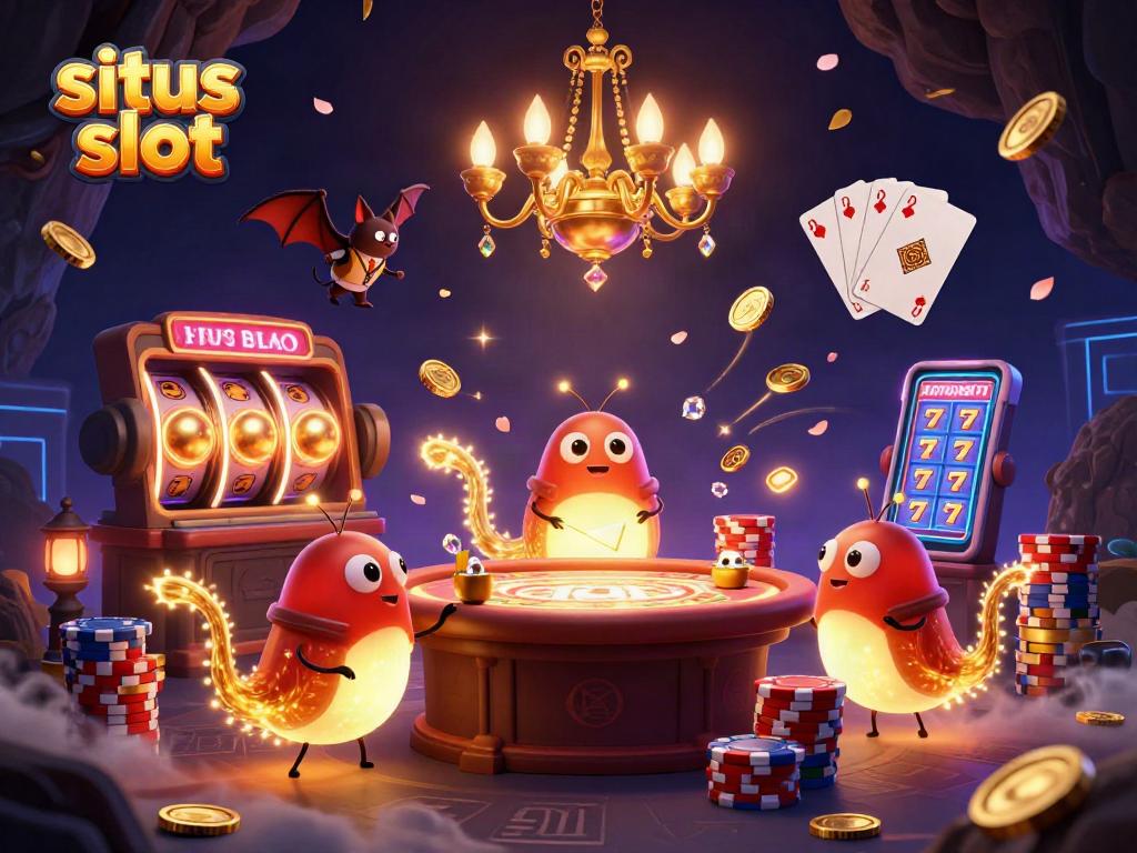 Rasakan sensasi bermain situs slot dengan ikon permainan yang menyala di latar belakang, menggambarkan suasana kasino yang hidup.