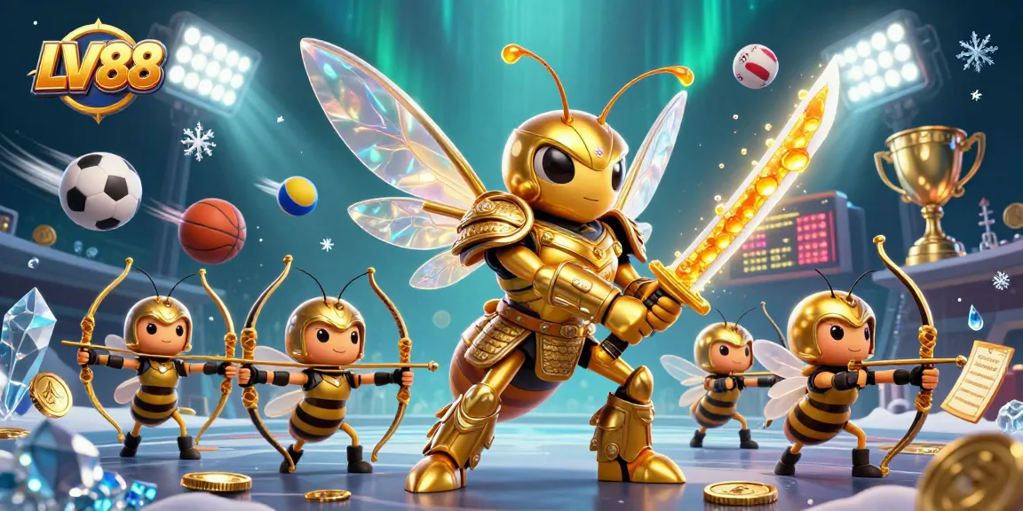 Experience the excitement at LV88 with a dynamic 3D illustration featuring gambling elements and vibrant characters.