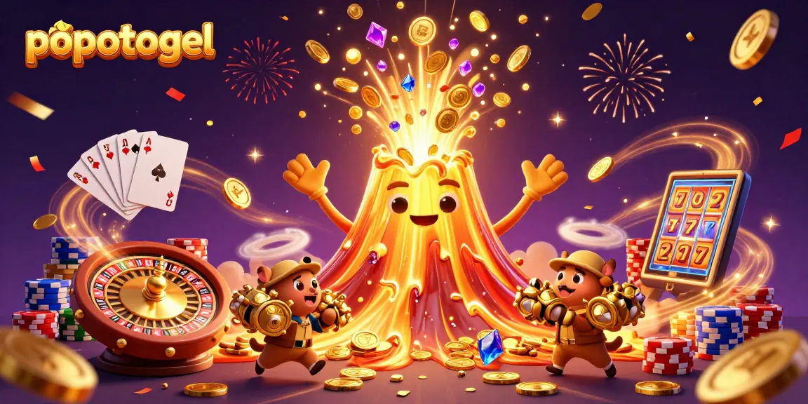 Win big with popotogel as dynamic treasures erupt from a golden volcano in a vibrant casino scene.