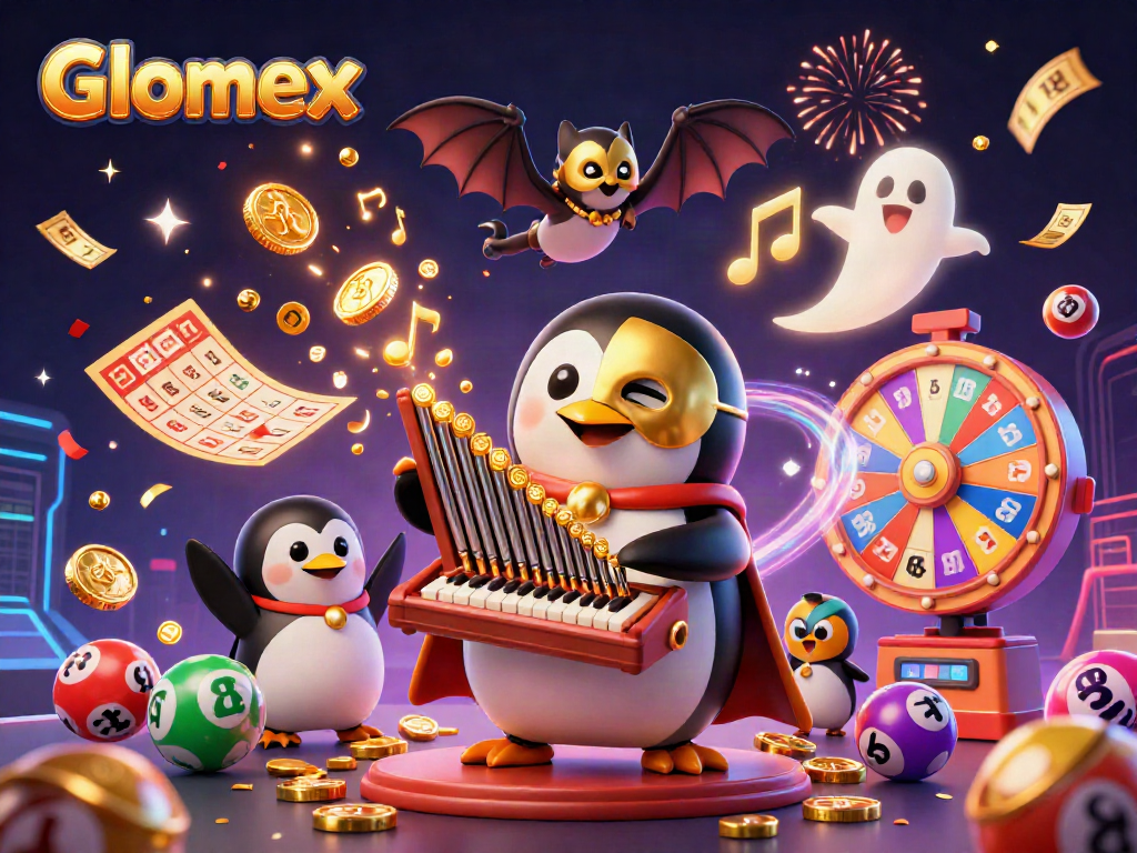 Engage with Glomex's vibrant casino scene featuring a penguin, bat acrobat, and lively lottery elements.