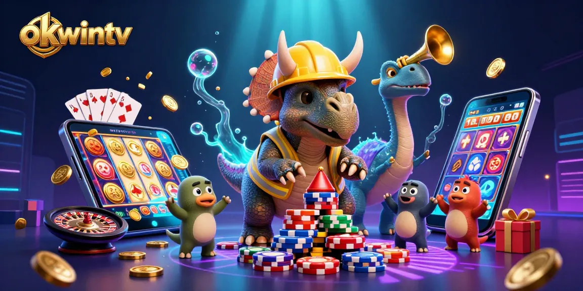 Engage with okwintv's thrilling gambling scene featuring animated dinosaurs in a vibrant casino.