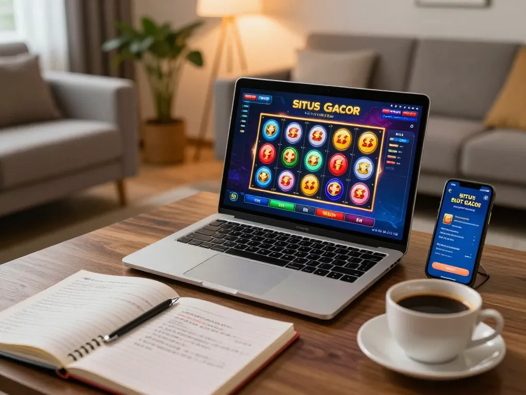 Pengaturan menarik yang menampilkan antarmuka situs slot gacor di laptop, menggambarkan strategi perjudian online dalam lingkungan yang nyaman.